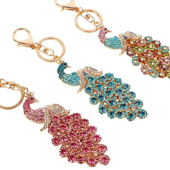 Peacock Crystal Rhinestone Keychain Bag Charm - Picture 11 of 15